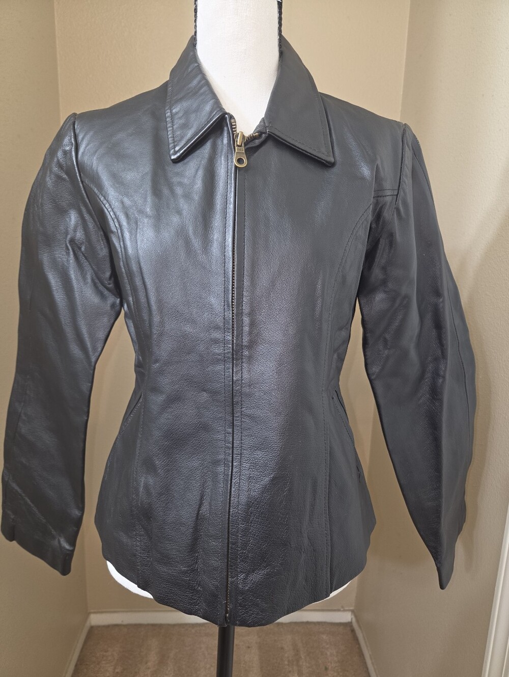 Women’s Black Leather Zip-Front Jacket